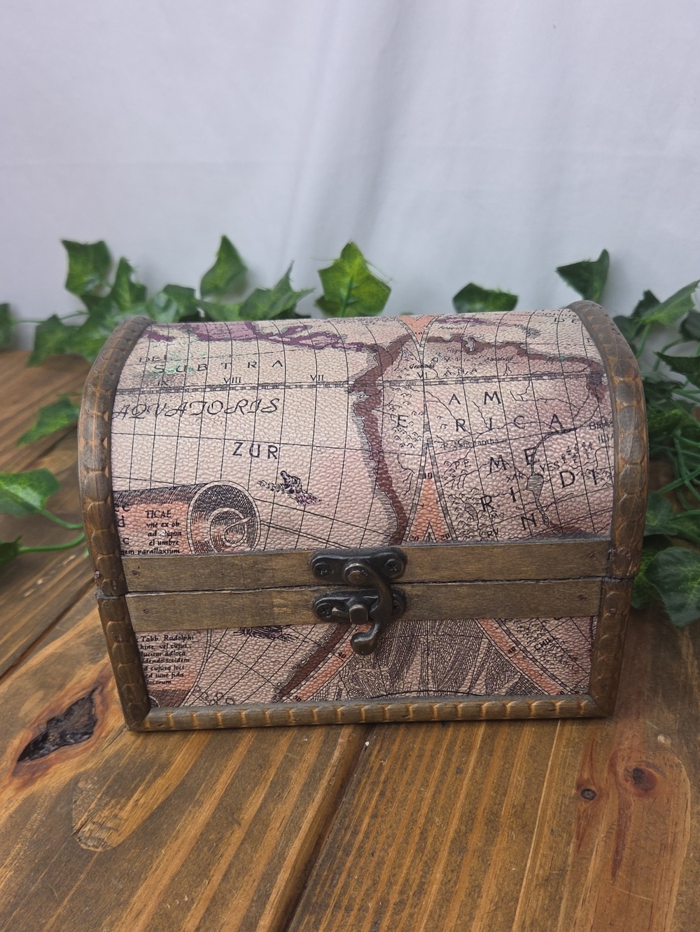 Vintage Map Print Wooden Treasure Chest. EUC